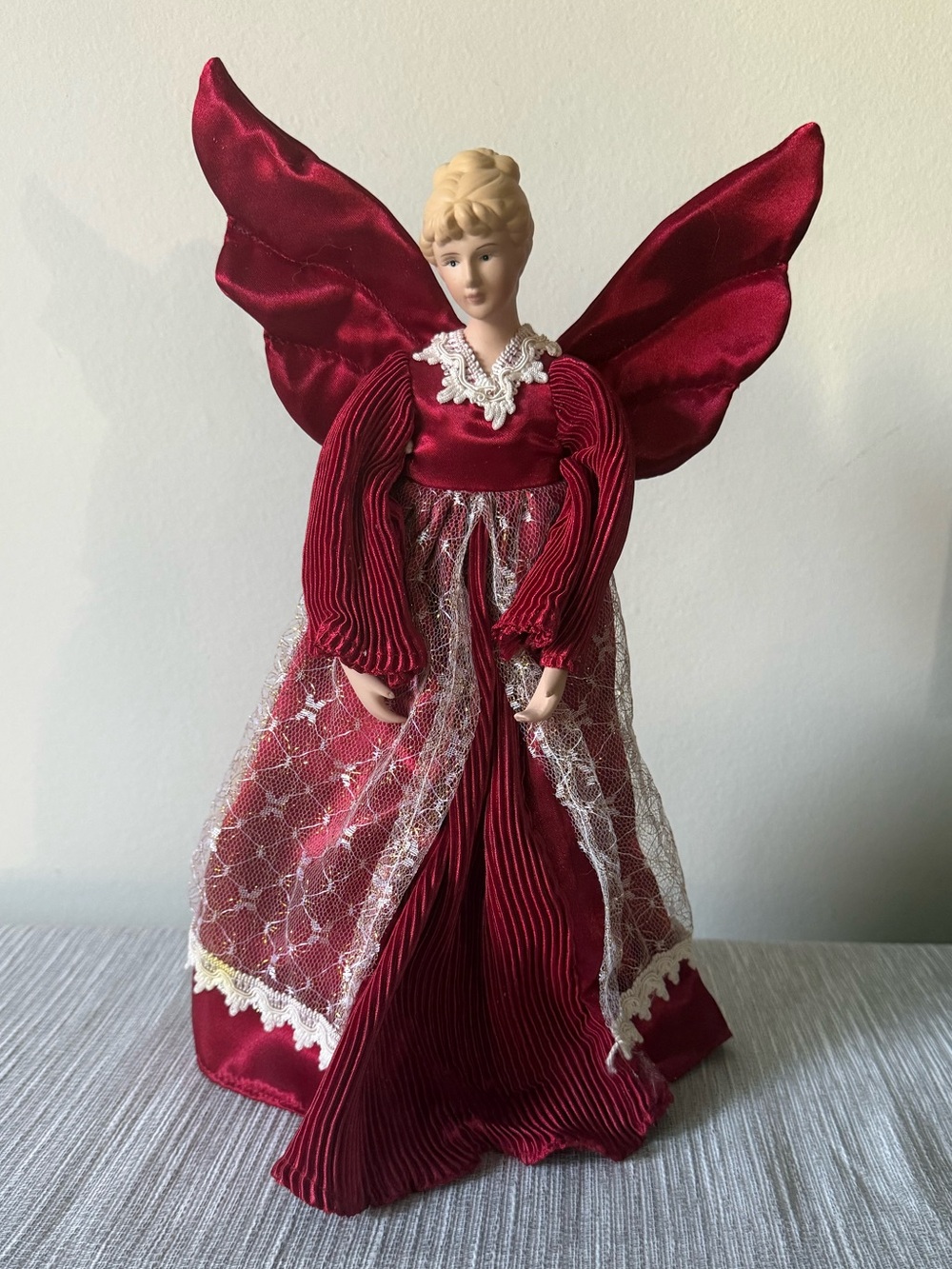 Vintage Red & Lace Porcelain Angel Christmas Tree Topper